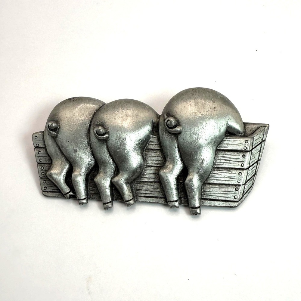 Vintage JJ Pewter Tone Three Pigs‎ in Trough Brooch – Whimsical Figural Pin